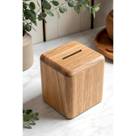 Wooden piggy bank coin saving box