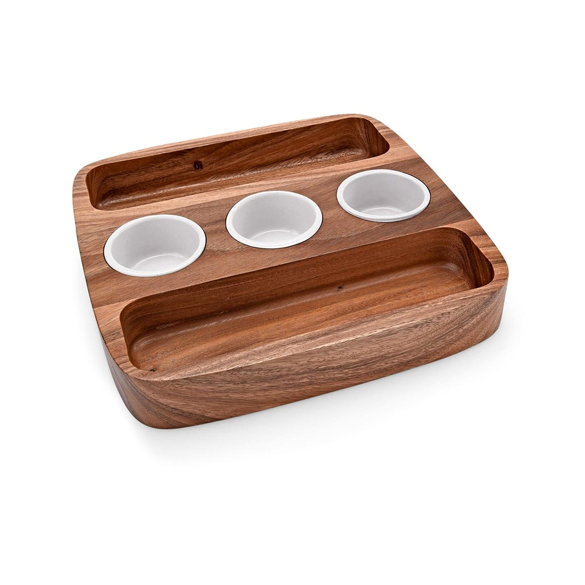 Wooden Serving Tray with 3 White Bowls for Snacks